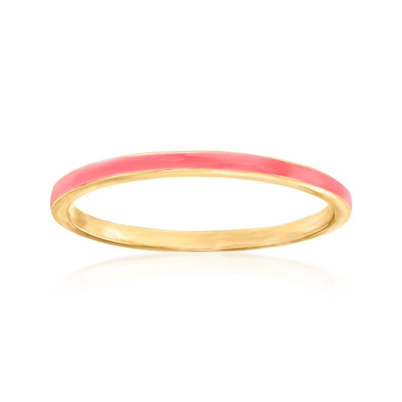 Pink enamel slim band ring with gold-tone bezel, top view