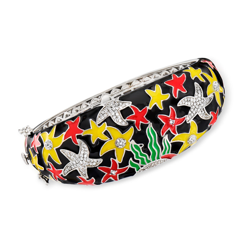 Sterling silver enamel sea life bangle bracelet with black base, colorful starfish accents