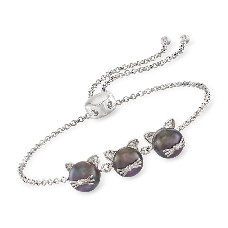 Sterling silver cat bolo bracelet with black cultured pearls and diamond accents