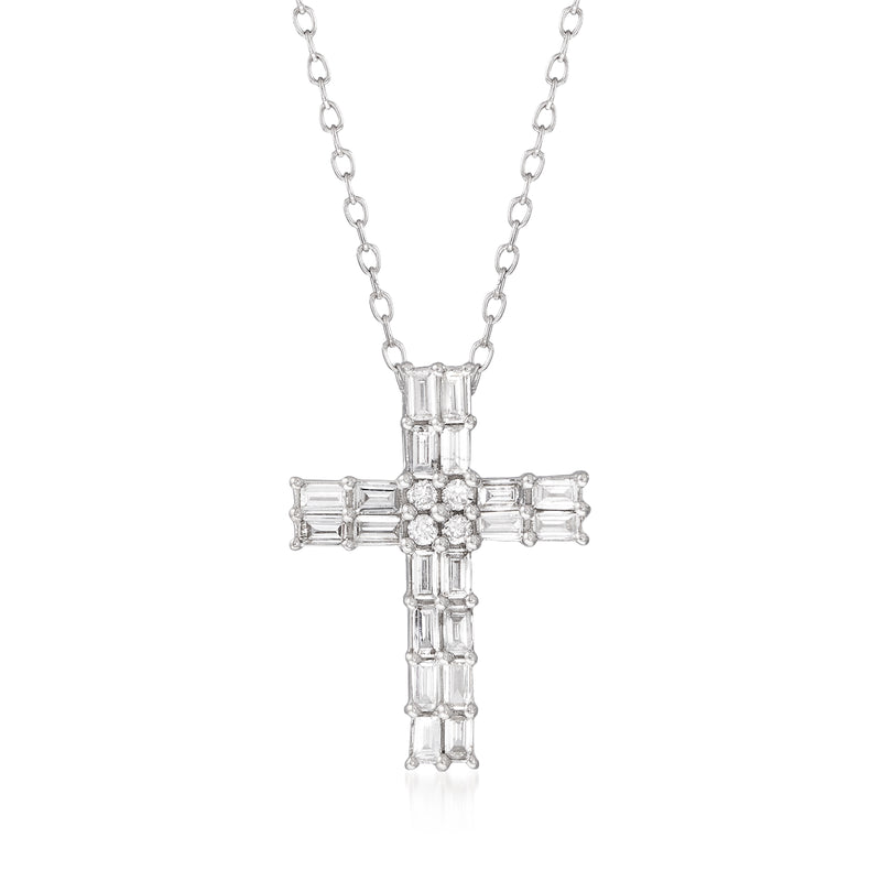 14kt white gold diamond cross necklace with baguette and round stones