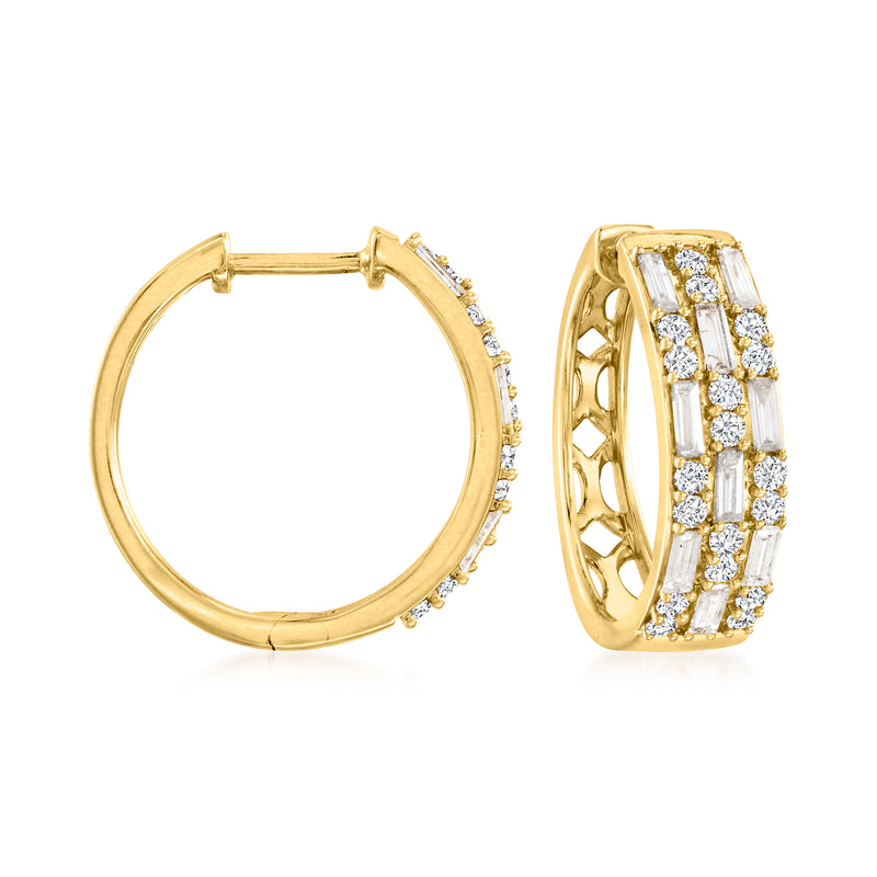 14kt yellow gold hoop earrings with baguette and round diamond pave, hinged clasp