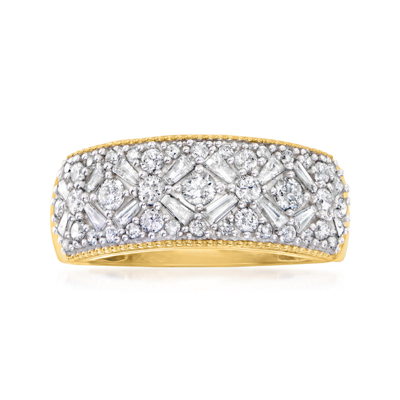 14kt yellow gold diamond ring with baguette and round stones