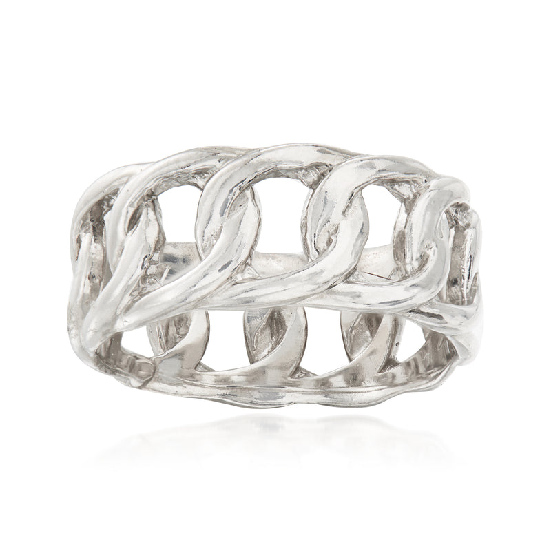 Sterling silver eternity ring with curb-link band, interlocking oval links.