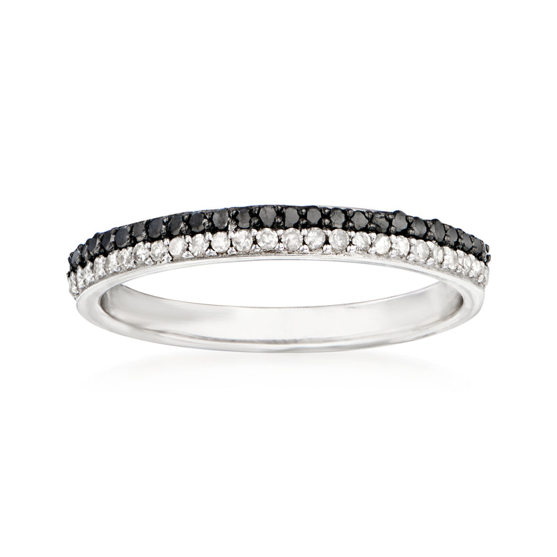 Sterling silver two-row diamond ring with black and white stones