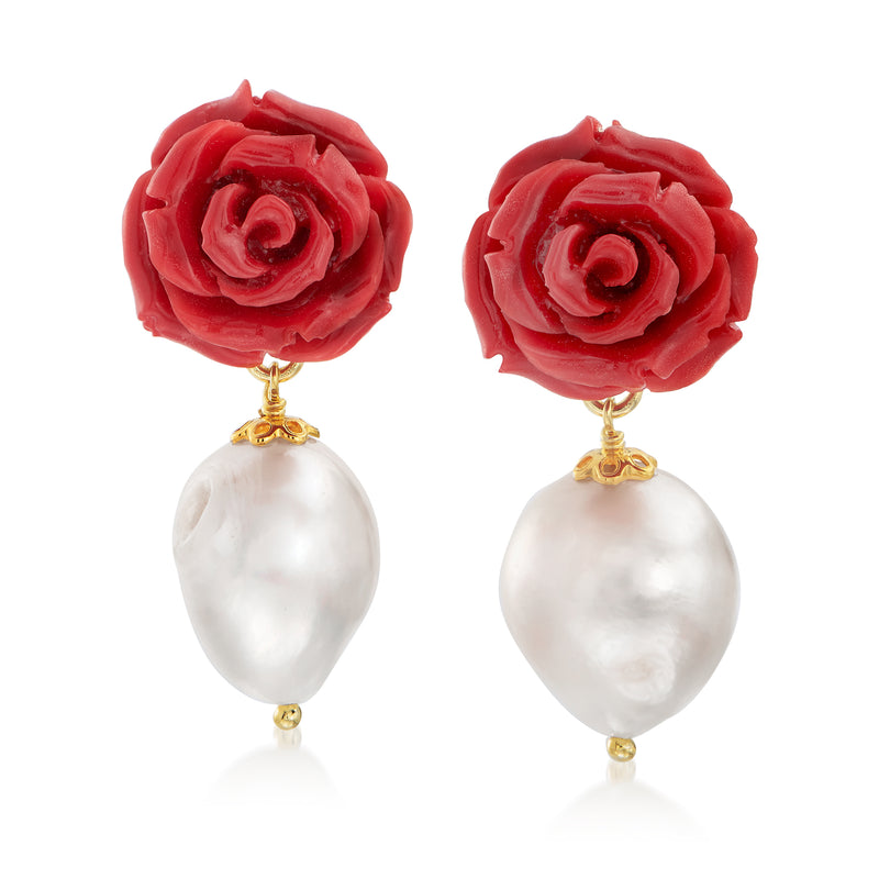 Gold rose coral simulated top with white teardrop pearl drop earrings