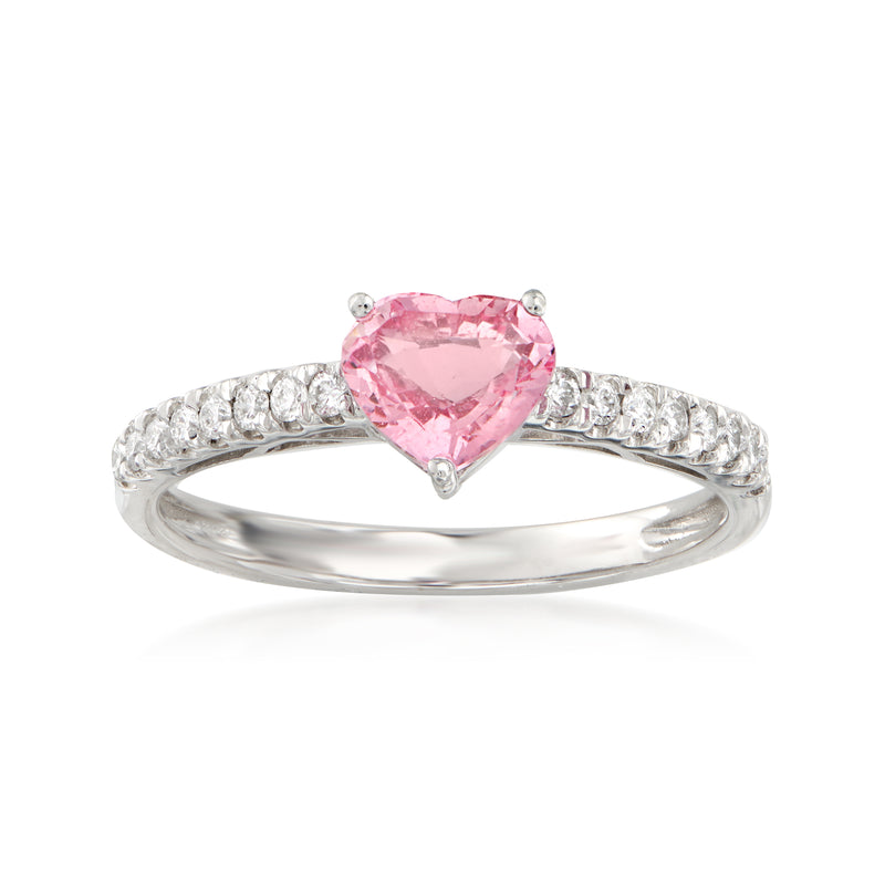 Padparadscha sapphire heart and diamond ring in 14kt white gold