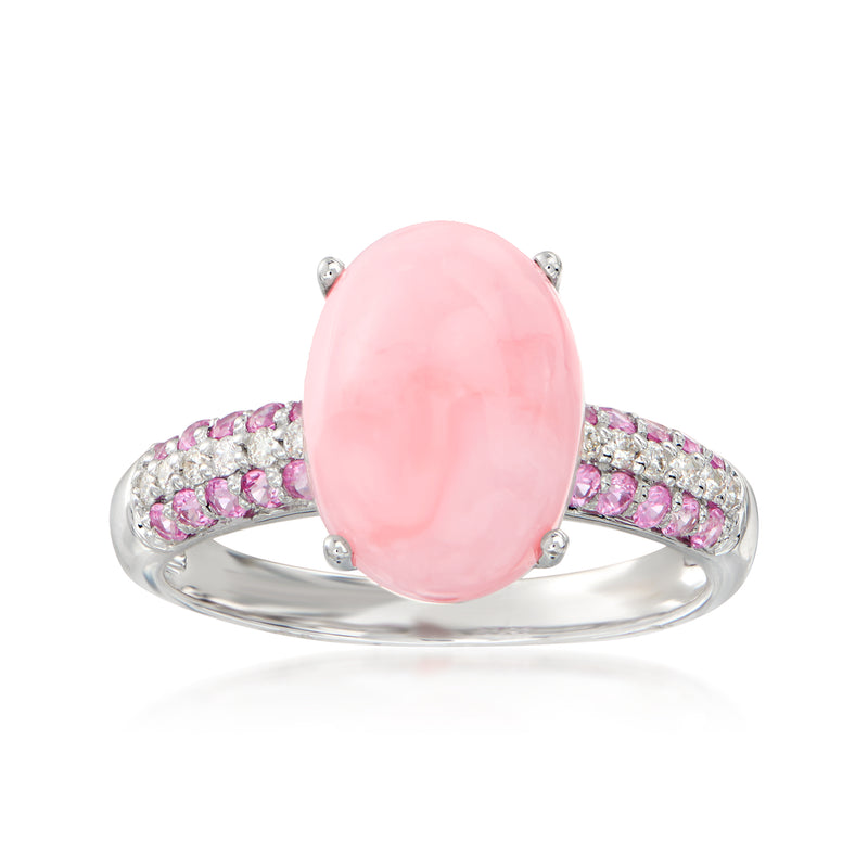 Oval pink opal gemstone ring in 14kt white gold with pink sapphire and diamond accents