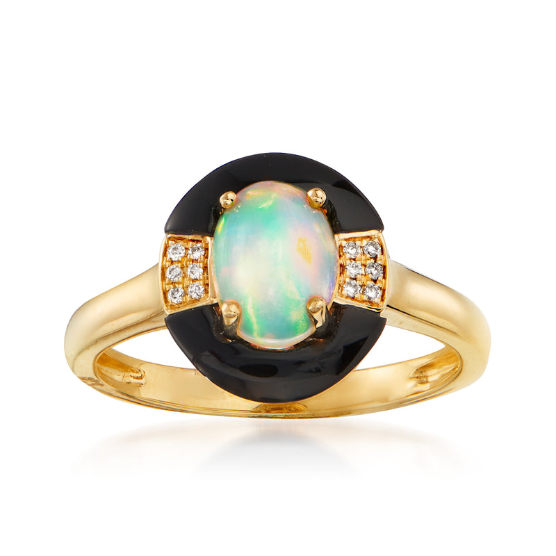 14kt yellow gold ring with oval opal center, black onyx shoulders, diamond accents