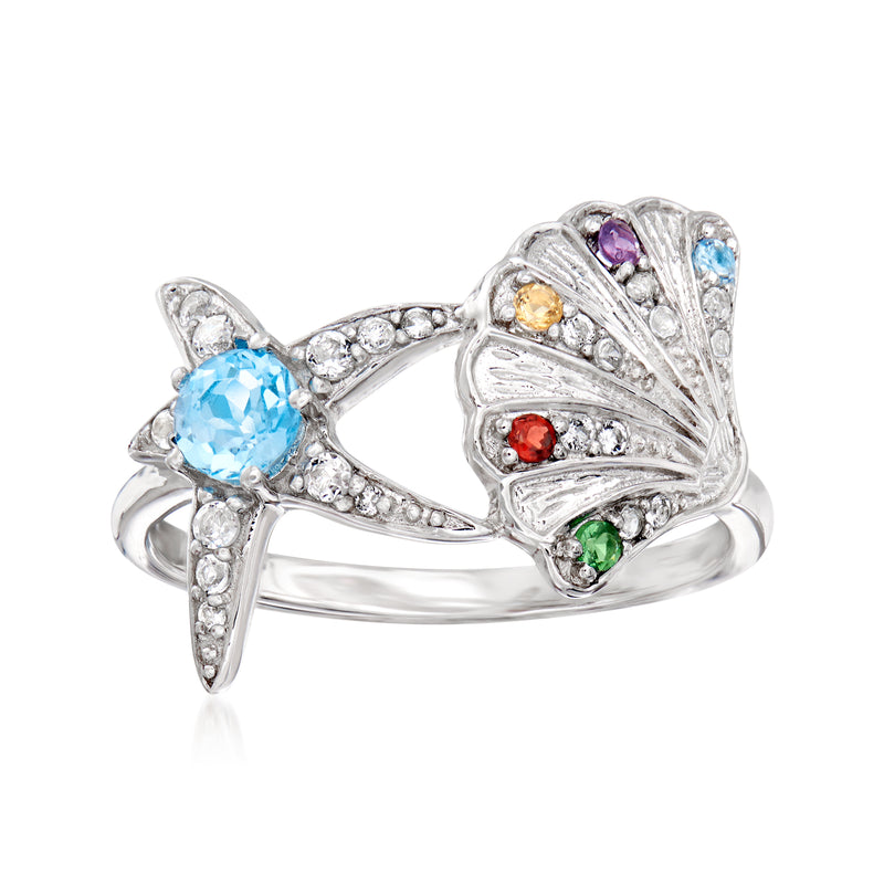 Sterling silver ring with starfish and seashell motifs, blue, purple, red gemstones