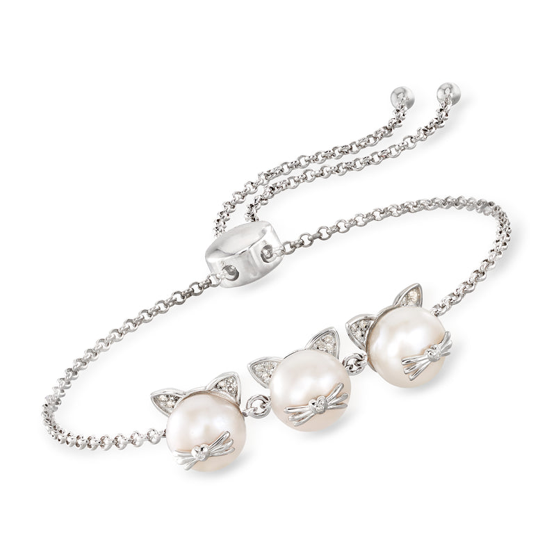 Sterling silver cat bolo bracelet with cultured pearls, diamond-accented cat faces