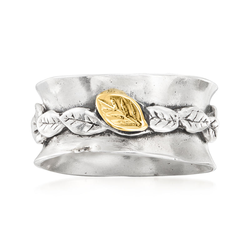 Sterling silver leaf center ring with 14kt yellow gold leaf detail