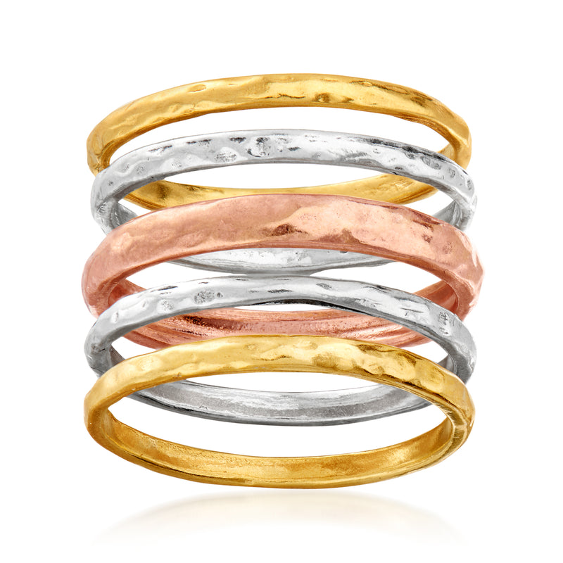 Tri-colored hammered ring set with gold, rose, and silver-tone bands