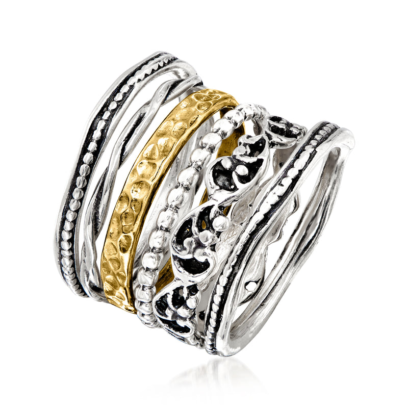 Stacked sterling silver rings with hammered 18kt gold over sterling accent band