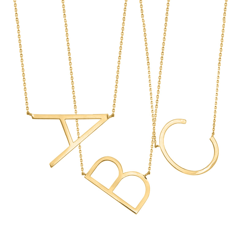 14kt yellow gold sideways initial necklace with flat geometric initial pendant