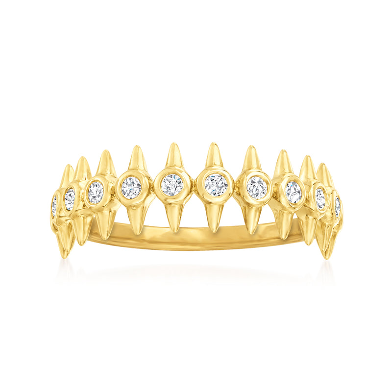 Gold diamond spike ring with five round clear stones, 18kt gold over sterling band