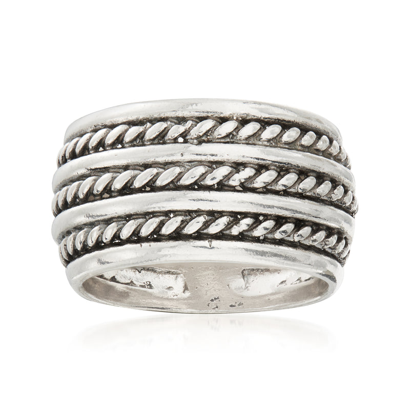 Sterling silver multi-row ring with braided textured bands and polished outer edge