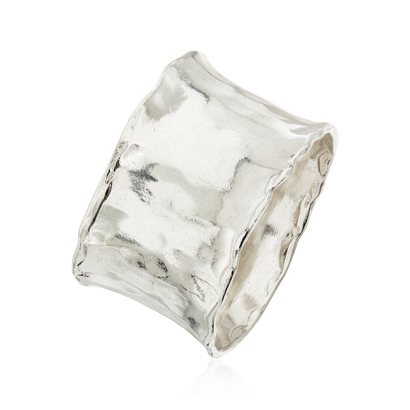 Hammered sterling silver ring, thick wide band with faceted hammered texture.