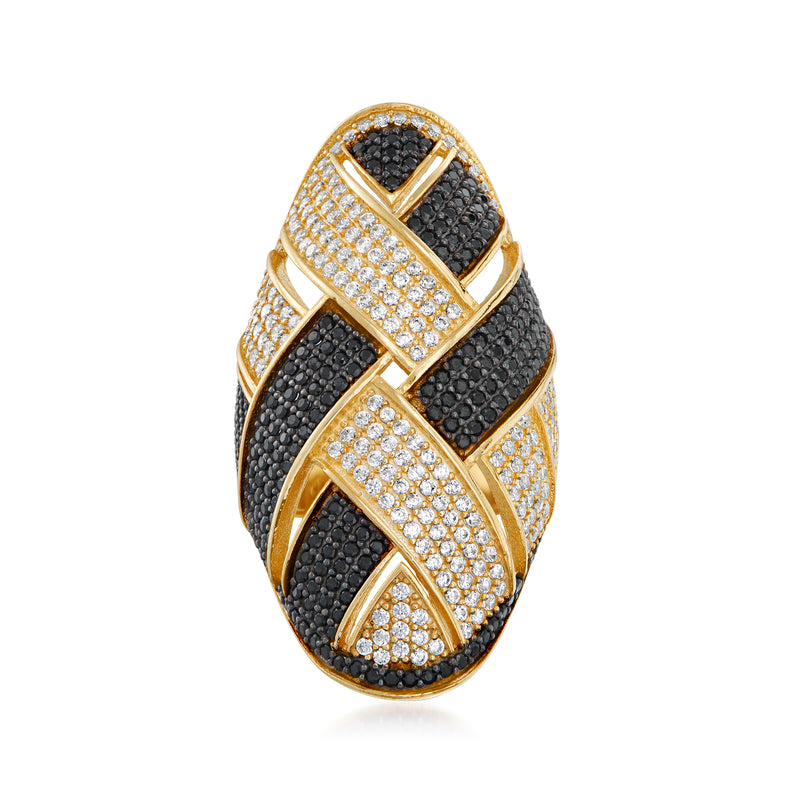 Gold over sterling ring with black and white CZ woven pattern and lattice crisscross design