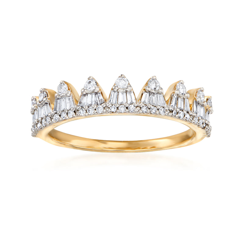14kt yellow gold diamond crown ring with round and baguette-cut stones, slim band