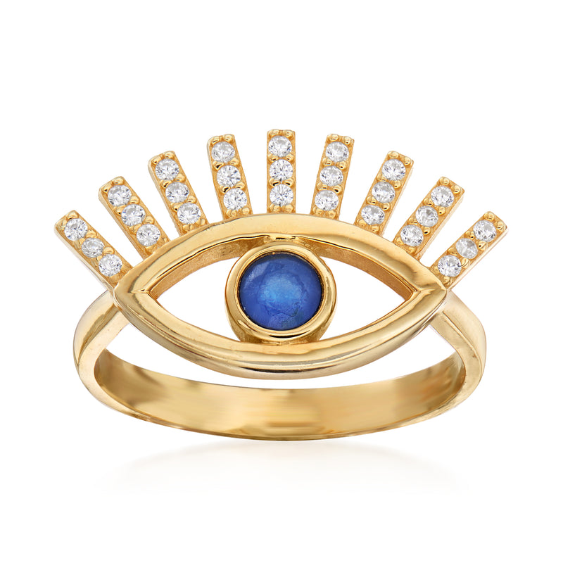 Evil eye ring with blue round center and gold band, surrounded by clear stones