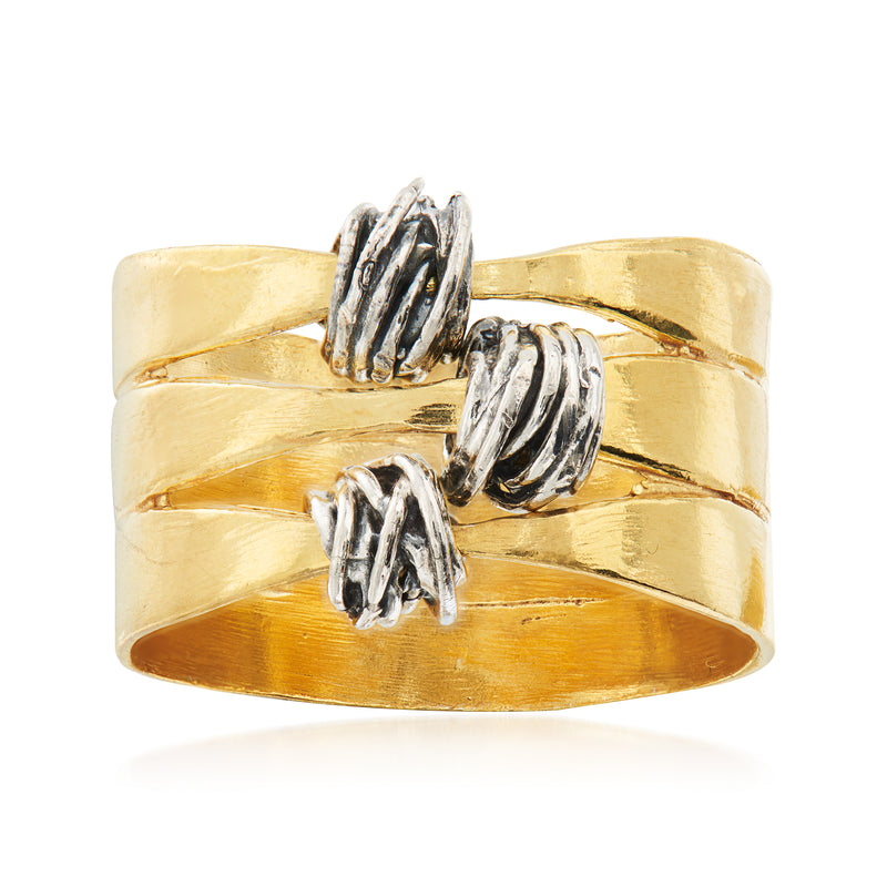 Gold over sterling knot ring with three ridged silver segments