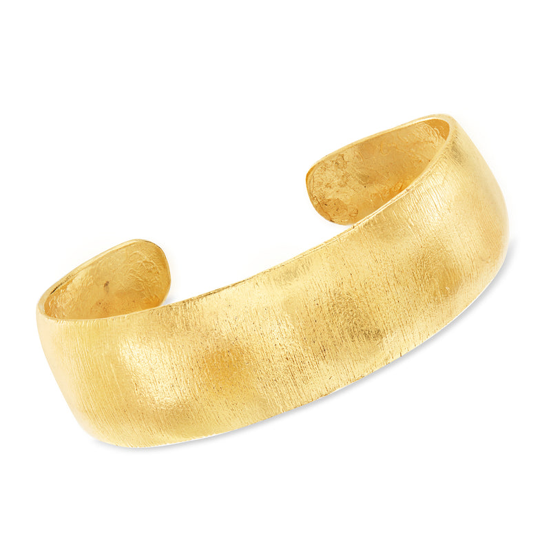 Gold over sterling silver textured cuff bangle bracelet with wide oval profile
