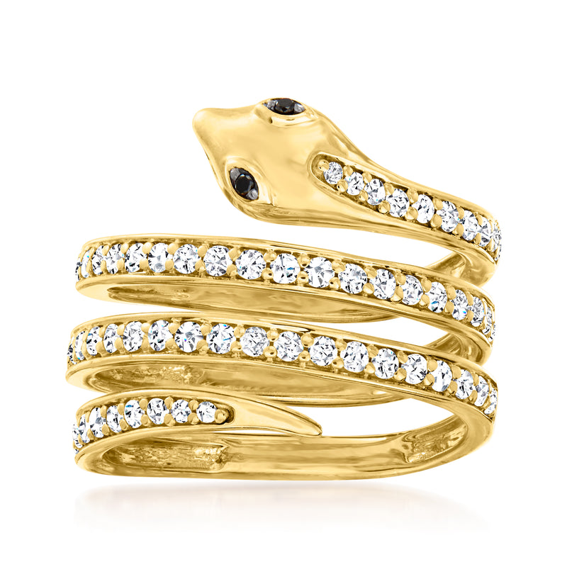 Gold snake coil ring with clear round diamonds and dark accents, scalloped edges