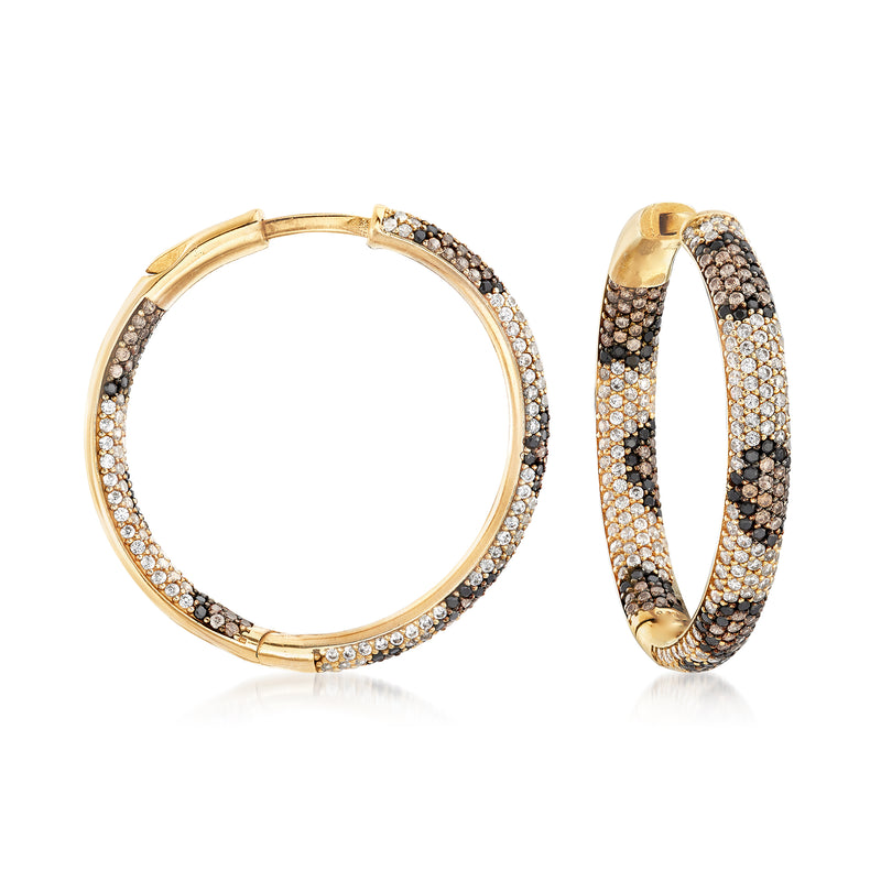 Gold hoop earrings with multicolored CZ leopard-print sparkle across hoops
