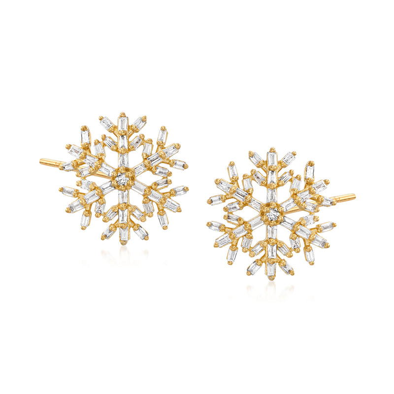 Snowflake diamond stud earrings with gold-tone posts, round and baguette stones