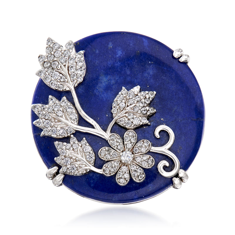 Sterling silver floral zircon ring with blue oval lapis center and leaf-and-flower setting