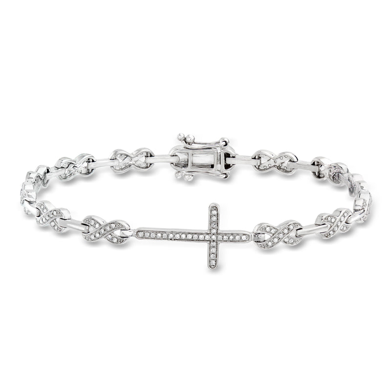 Sterling silver bracelet with diamond-look cross and infinity links, clasp closure