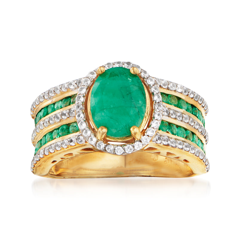 Oval green gemstone haloed with white zircons, set in 18kt gold over sterling ring