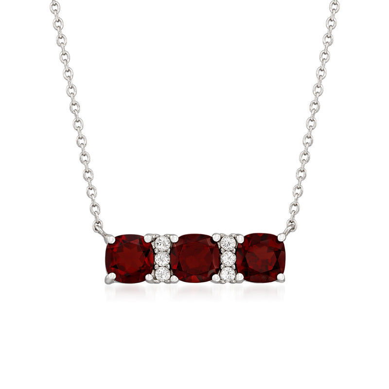 Sterling silver necklace with three red oval garnet stones and white zircon accents