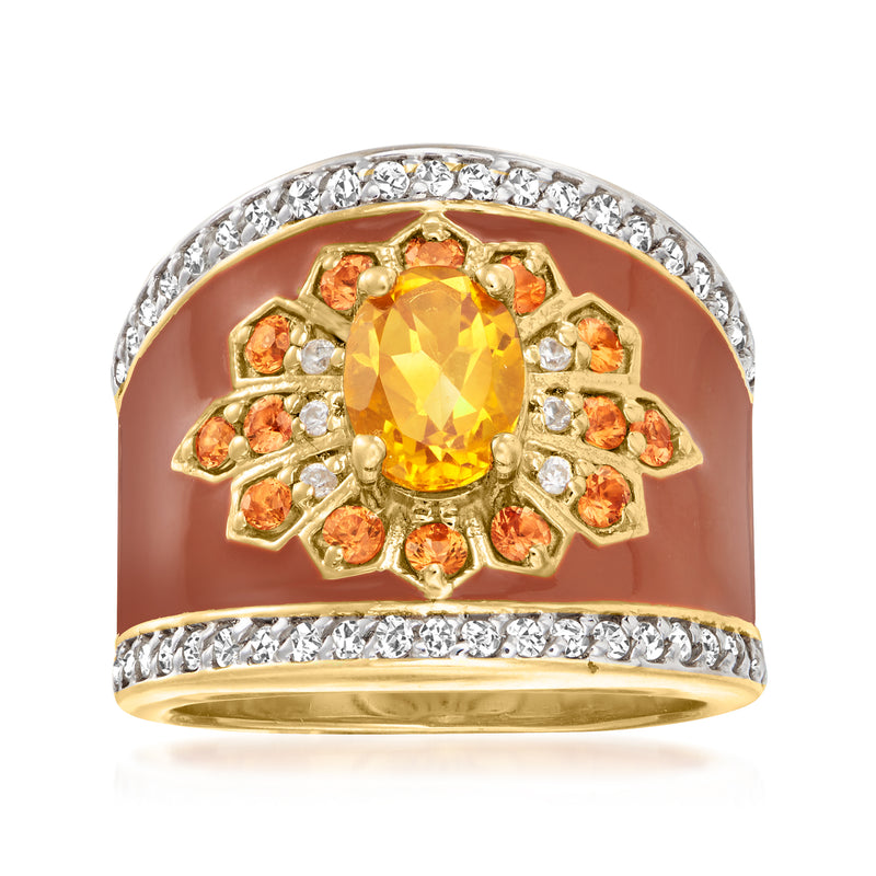 Orange citrine halo ring with orange enamel and white zircon accents, 18kt gold setting