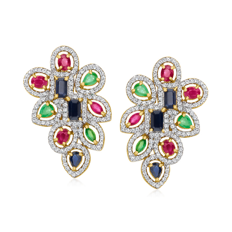 Gold drop earrings with oval multi-color gemstones and dark center cluster