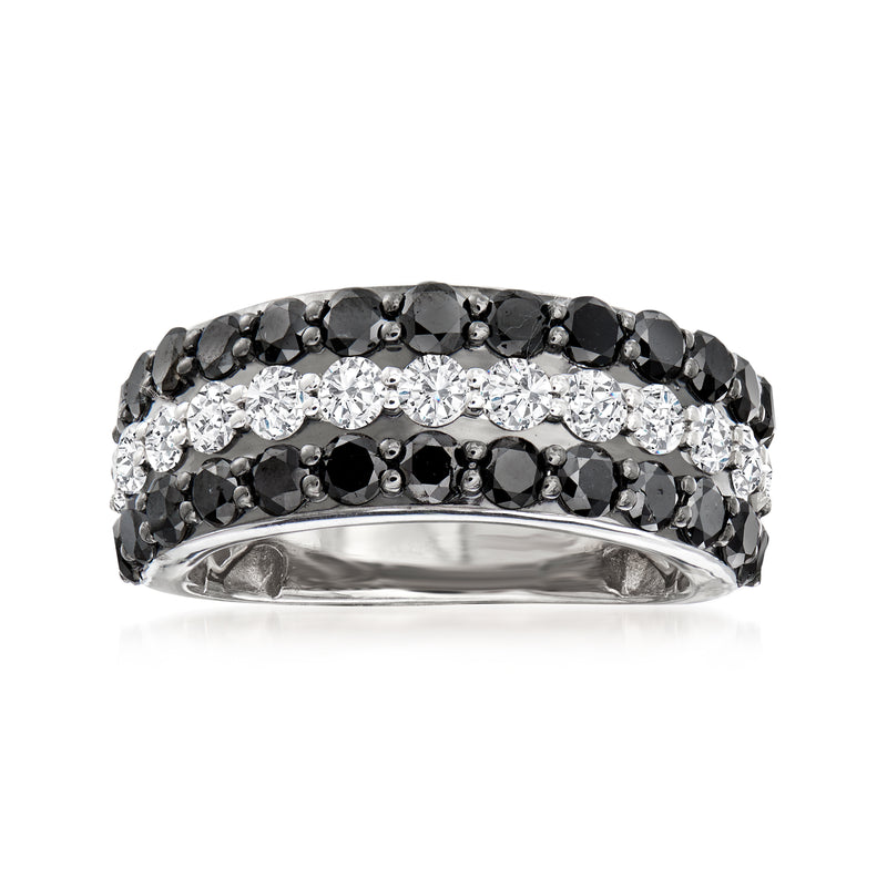Sterling silver diamond ring with alternating black and white stones, shared prong setting