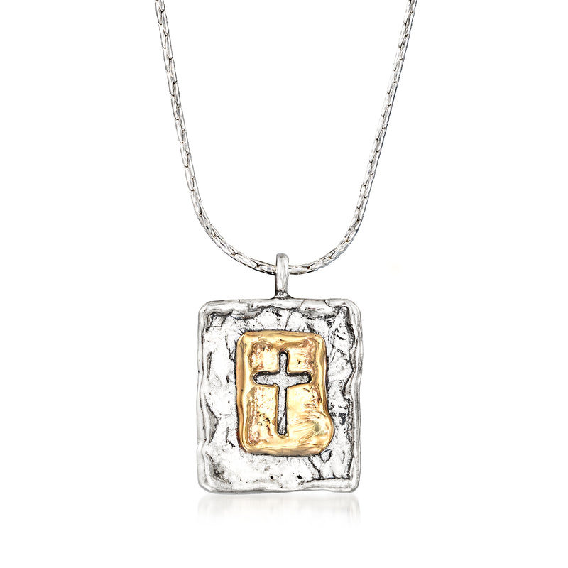 Sterling silver cross pendant necklace with textured square frame and 14kt yellow gold cross