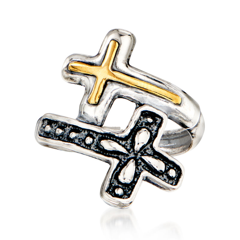 Sterling silver bypass ring with double cross motif, yellow gold cross accents.