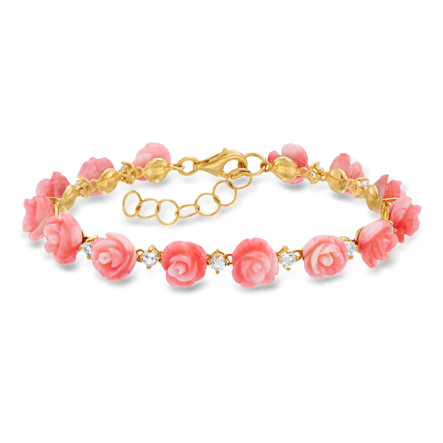 Pink Coral and 1.30 ct. t.w. White Topaz Rose Bracelet in 18kt Gold Over Sterling