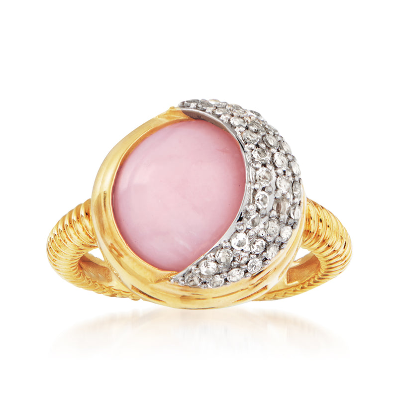 Pink opal and white topaz crescent moon ring in 18kt gold over sterling