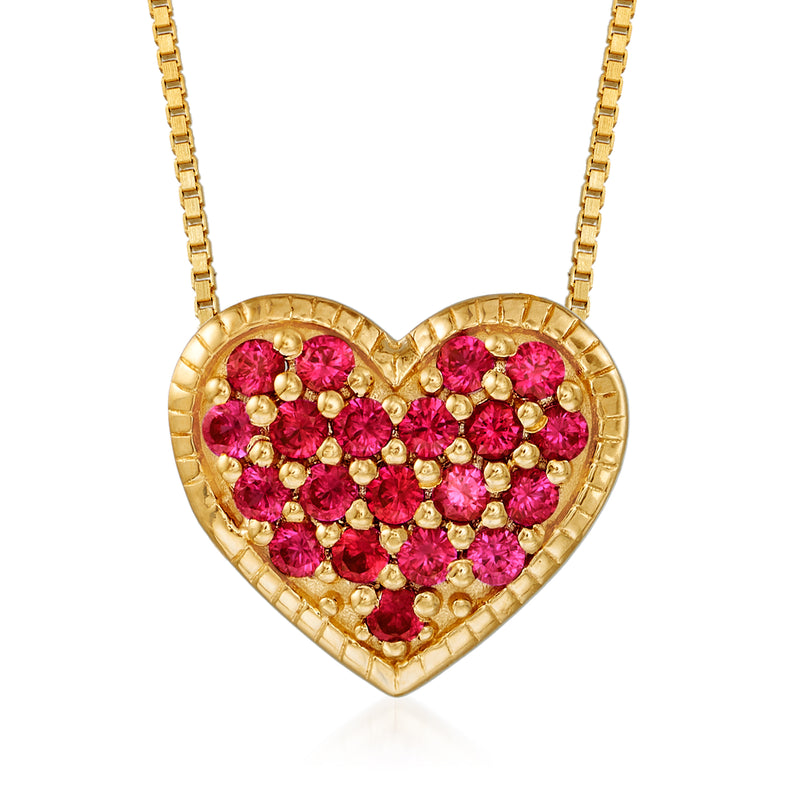 Gold heart pendant necklace with pink simulated ruby stones and chain