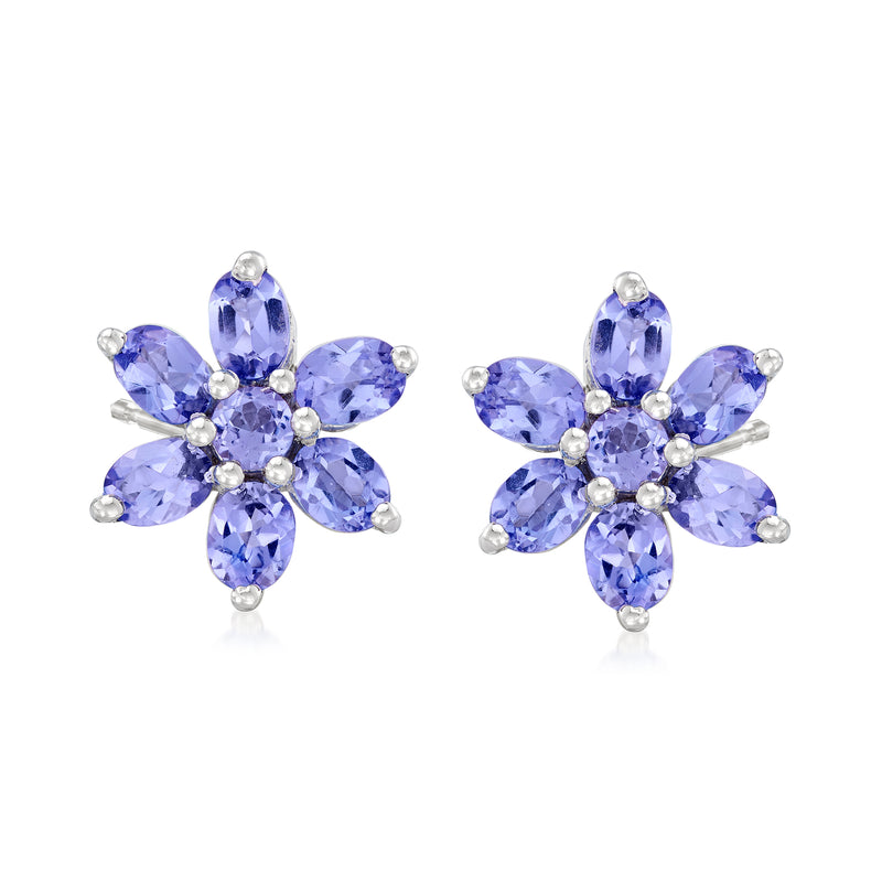 Sterling silver flower tanzanite post earrings with oval blue stones and small clear accents