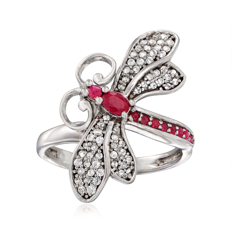 Sterling silver dragonfly ring with ruby and white topaz