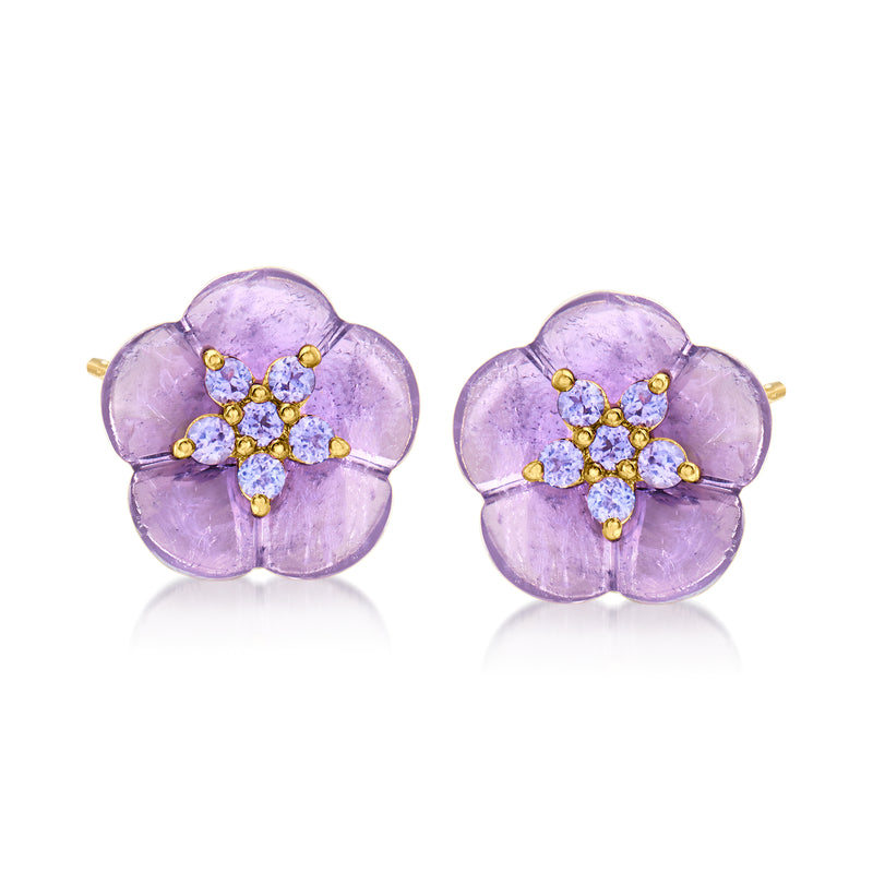 Amethyst and tanzanite flower stud earrings with gold-tone posts