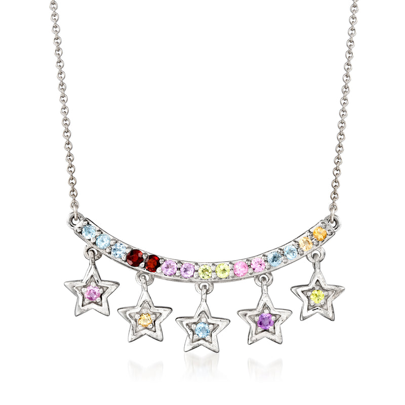Sterling silver curved bar necklace with multicolor gemstone star charms and links