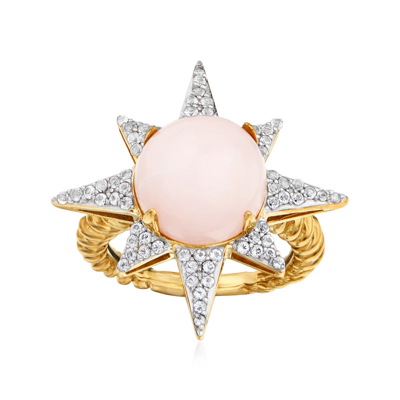 Pink opal star ring with white topaz accents in gold over sterling