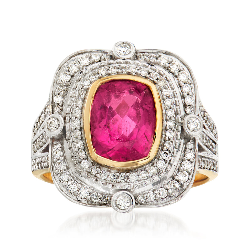 Pink tourmaline & diamond ring with cushion center, diamond halo, 14kt yellow-gold band