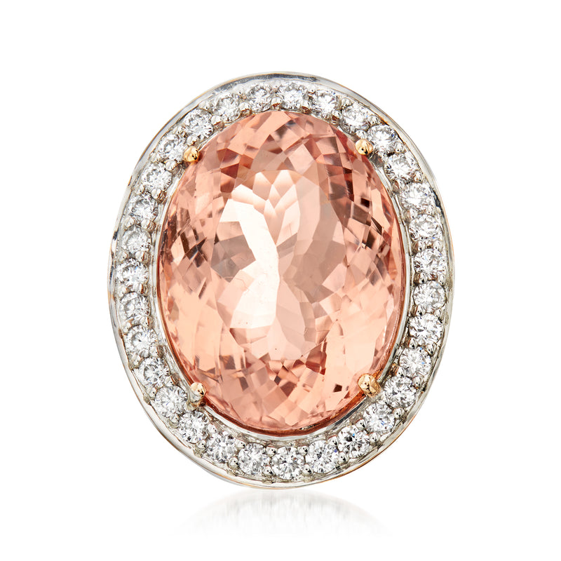 14kt rose gold halo morganite and diamond ring with oval peach center stone