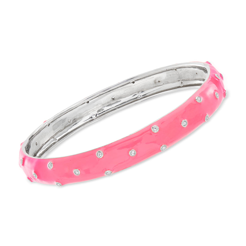 Sterling silver bangle bracelet with pink enamel and small crystal accents