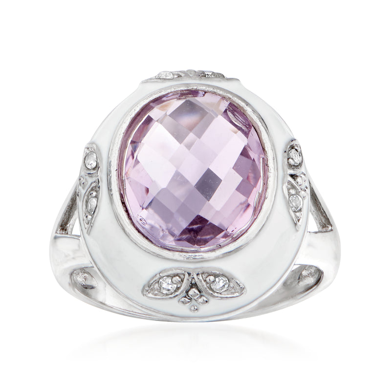 Sterling silver amethyst ring with white enamel, oval lavender gemstone and jeweled shoulders
